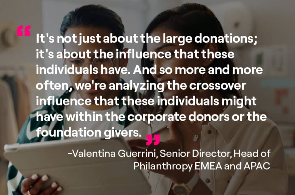It's not just about the large donations; it's about the influence that these individuals have. And so more and more often, we're analyzing the crossover influence that these individuals might have within the corporate donors or the foundation givers.